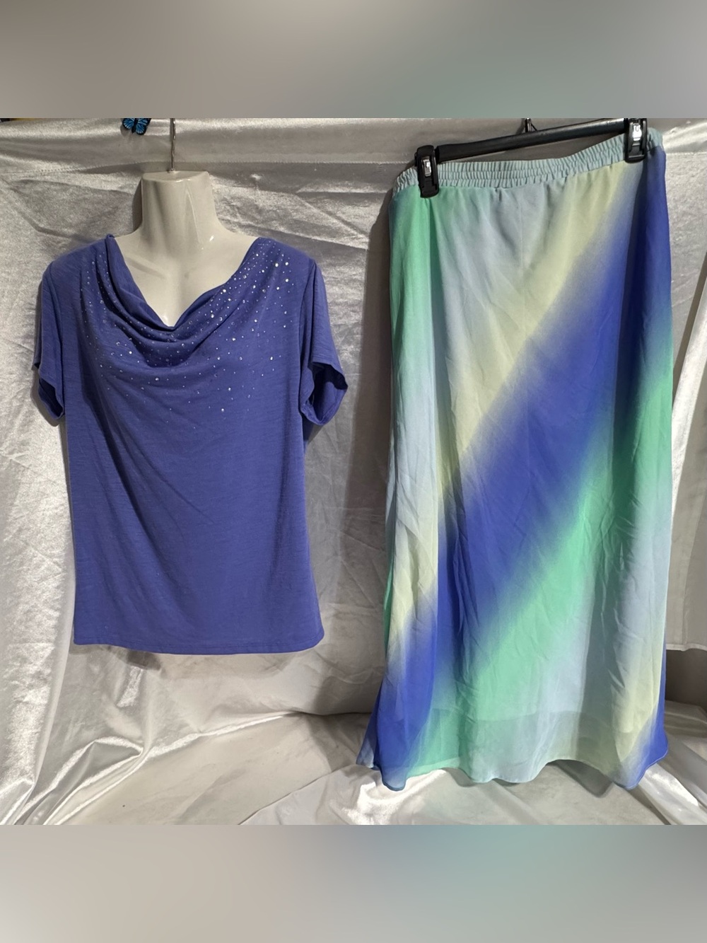 Blue Top w Cowl Neckline&Crystals Sz M w Long Skirt Gradual Stripes by Notations